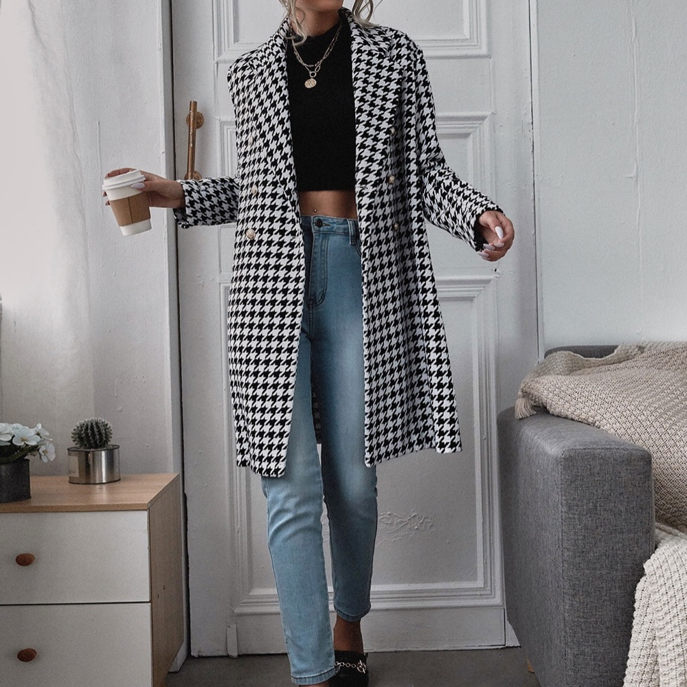 Classic houndstooth tweed double breast button Jacket Coat - Picture 3 of 4